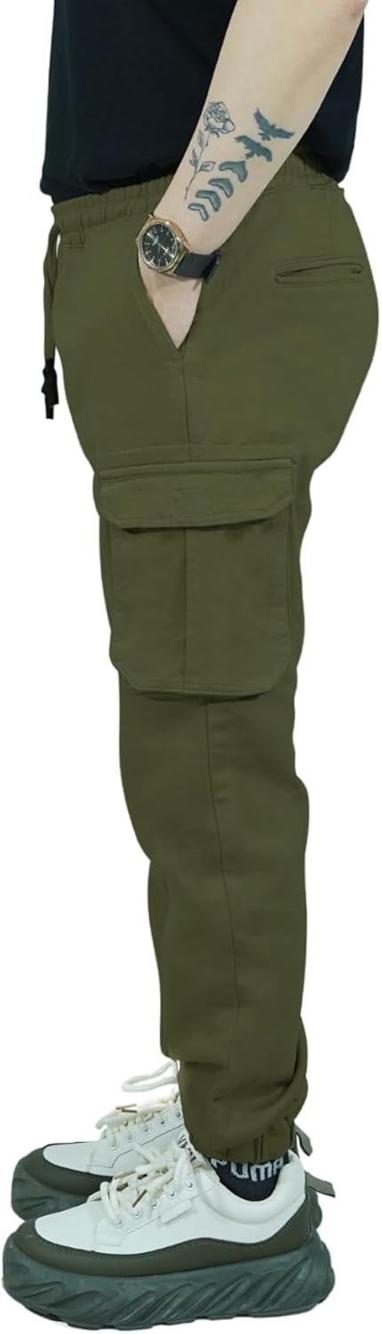 CHARBONNIER ELEVATE YOUR STYLE Mens Slim Stretch Cuffed Cargo Trouser, 6 Pockets Casual Drawstring Jogger with Elasticated Waist