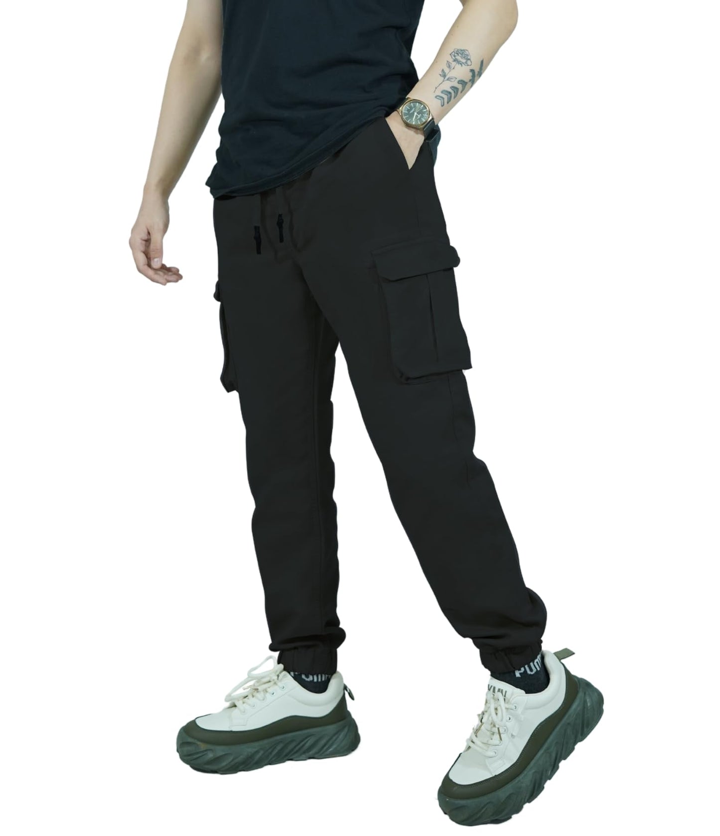 CHARBONNIER ELEVATE YOUR STYLE Mens Slim Stretch Cuffed Cargo Trouser, 6 Pockets Casual Drawstring Jogger with Elasticated Waist