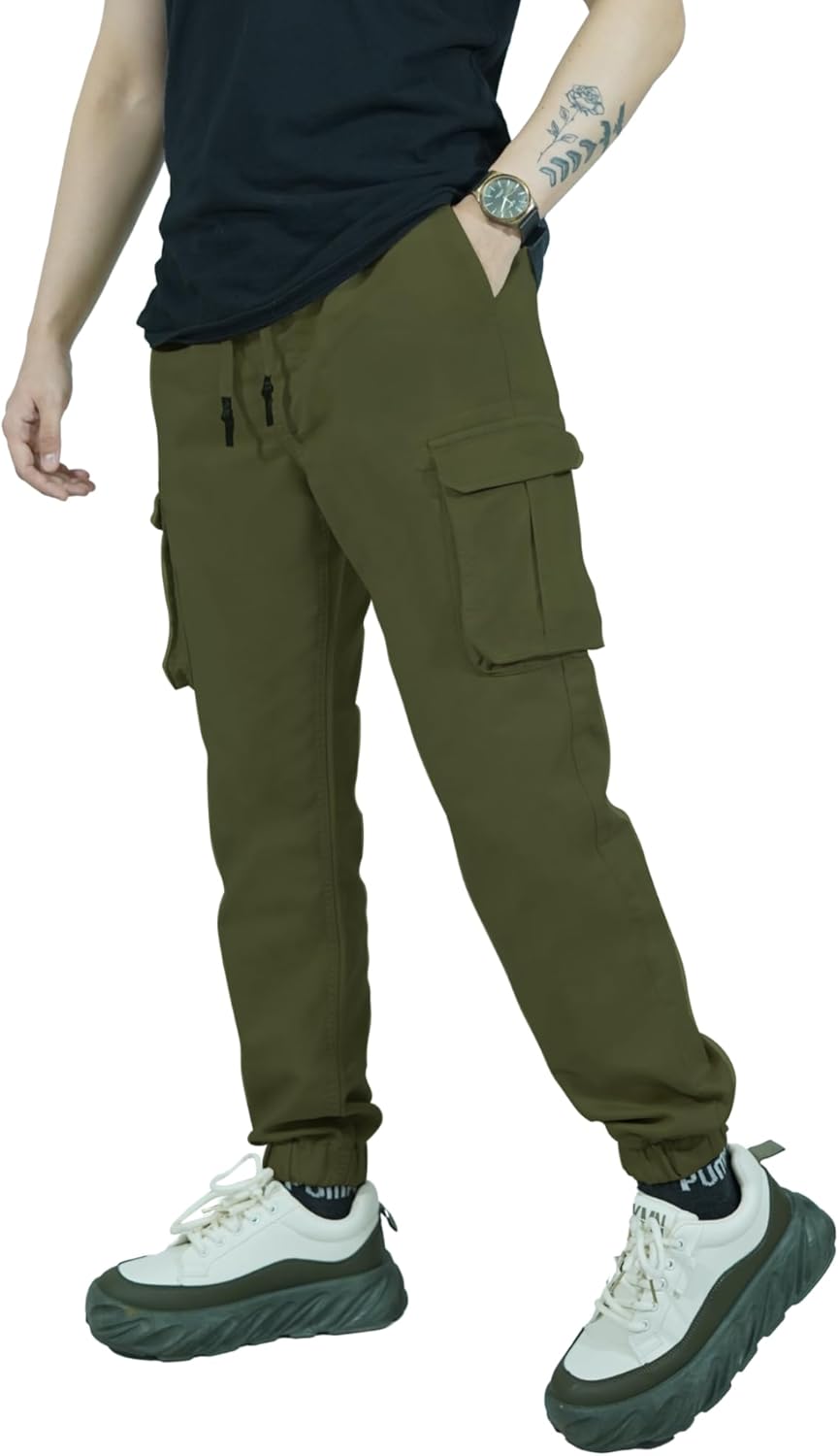 CHARBONNIER ELEVATE YOUR STYLE Mens Slim Stretch Cuffed Cargo Trouser, 6 Pockets Casual Drawstring Jogger with Elasticated Waist