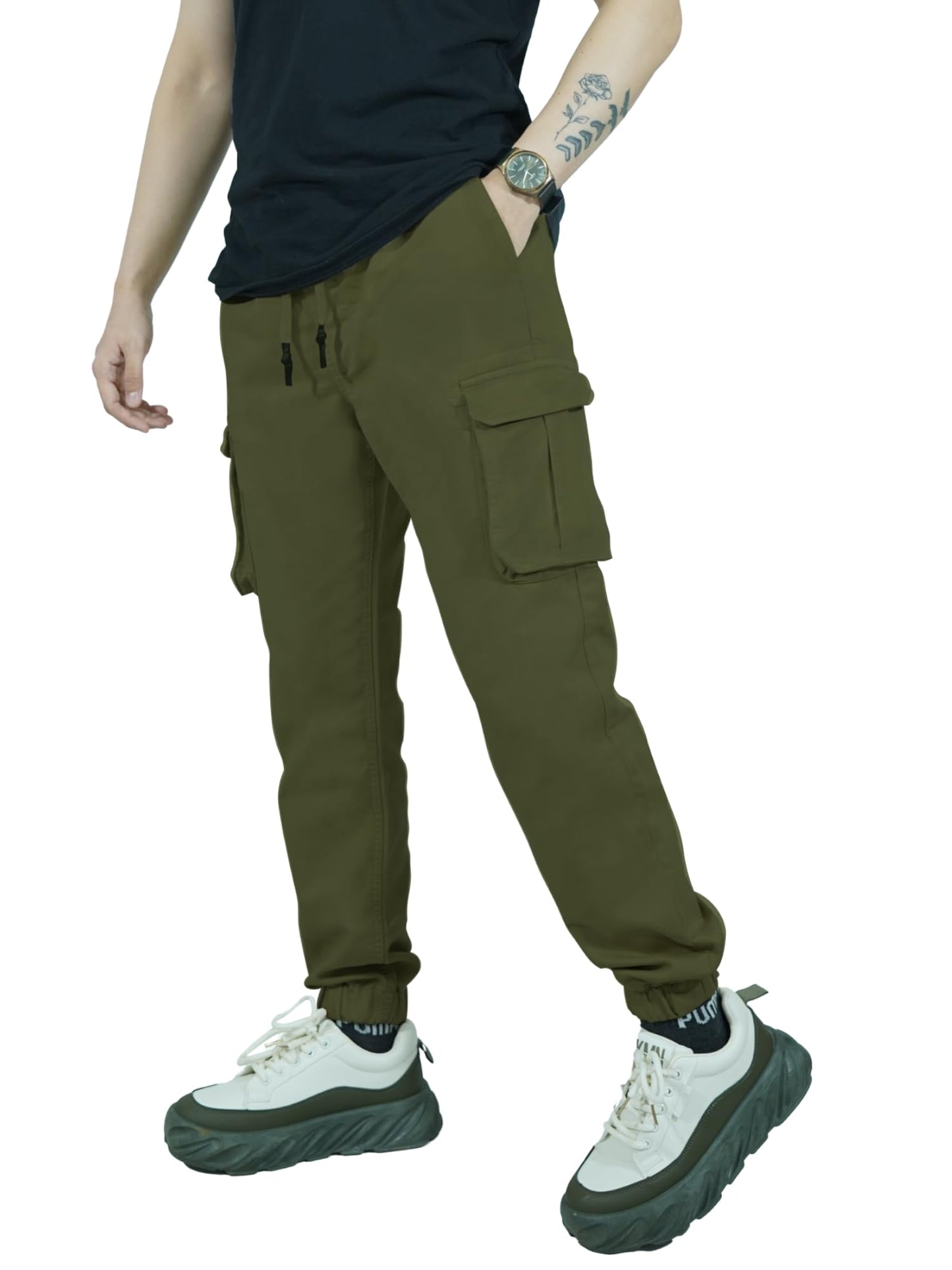 CHARBONNIER ELEVATE YOUR STYLE Mens Slim Stretch Cuffed Cargo Trouser, 6 Pockets Casual Drawstring Jogger with Elasticated Waist