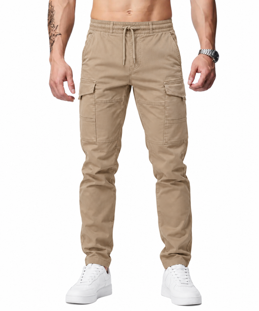 Men’s Slim Fit Cargo Work Pants with 6 Pockets, Organic Cotton Combat Pants with Drawstring for Casual or Work Wear