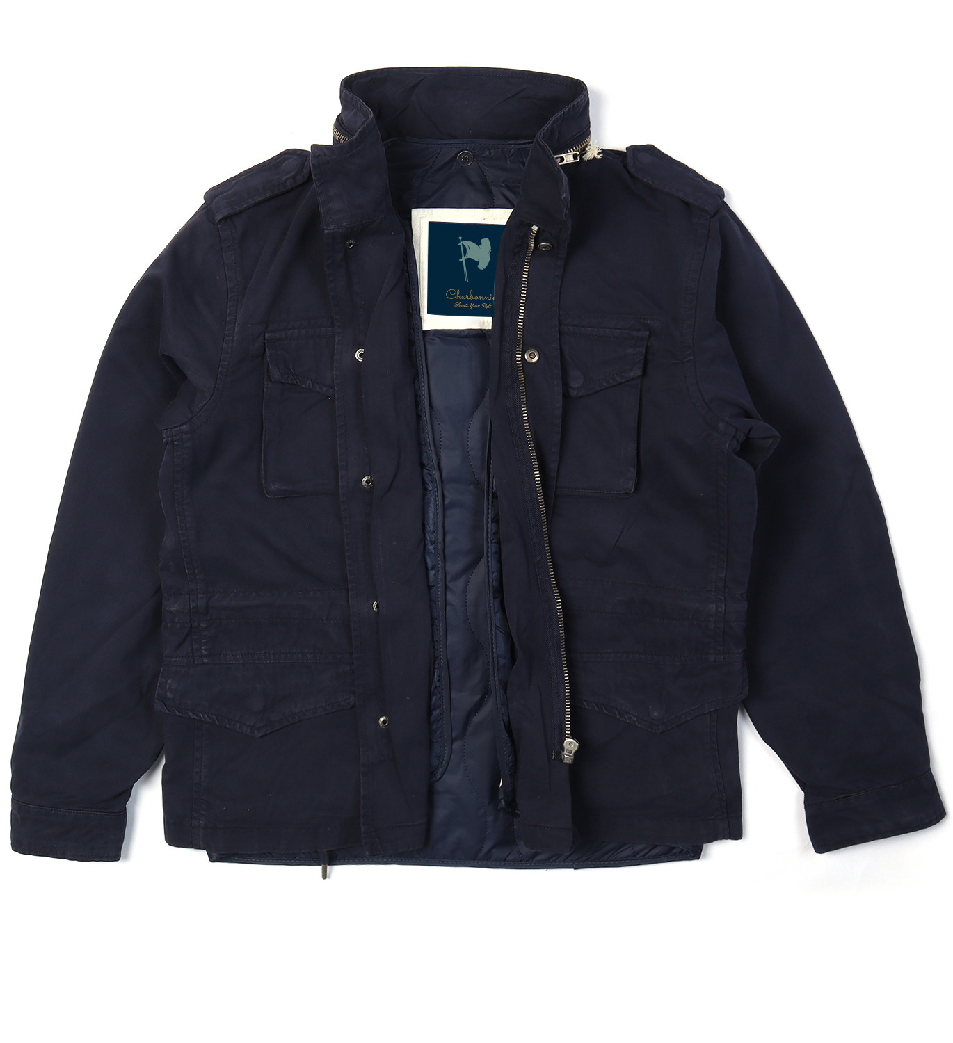 Men's Classic Field Jacket with Removable Quilted Liner & Hood - Vintage Style All-Season Outerwear 100% Cotton, Navy Blue