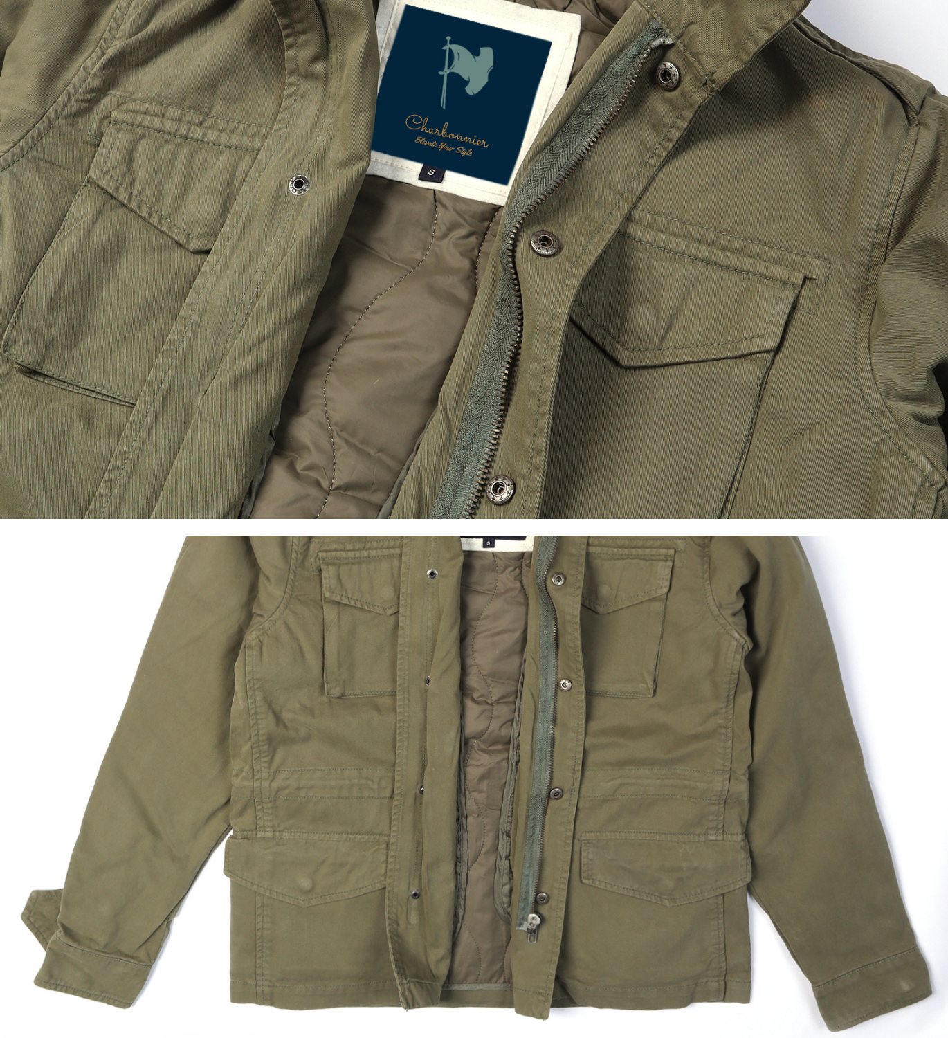 Men's Classic Field Jacket with Removable Quilted Liner & Hood - Vintage Style All-Season Outerwear 100% Cotton, Army Green