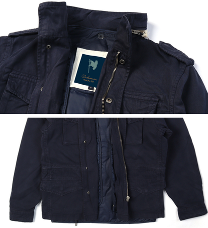 Men's Classic Field Jacket with Removable Quilted Liner & Hood - Vintage Style All-Season Outerwear 100% Cotton, Navy Blue