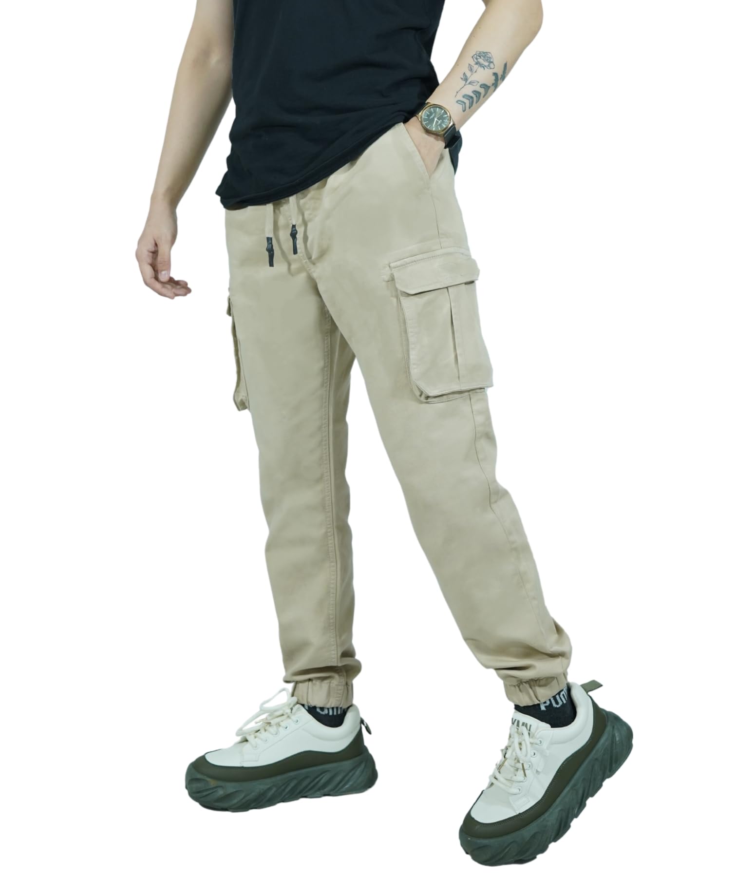 CHARBONNIER ELEVATE YOUR STYLE Mens Slim Stretch Cuffed Cargo Trouser, 6 Pockets Casual Drawstring Jogger with Elasticated Waist