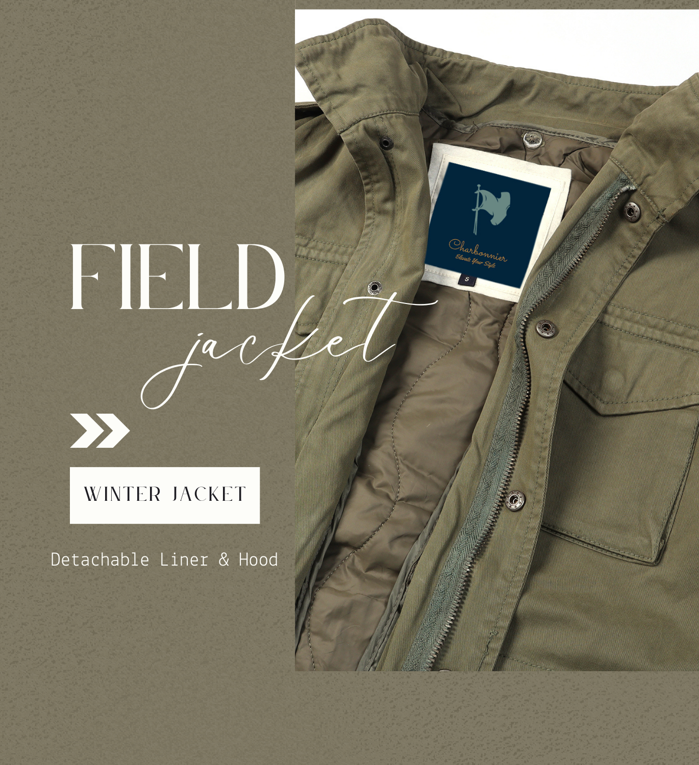 Men's Classic Field Jacket with Removable Quilted Liner & Hood - Vintage Style All-Season Outerwear 100% Cotton, Army Green