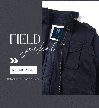 Men's Classic Field Jacket with Removable Quilted Liner & Hood - Vintage Style All-Season Outerwear 100% Cotton, Navy Blue